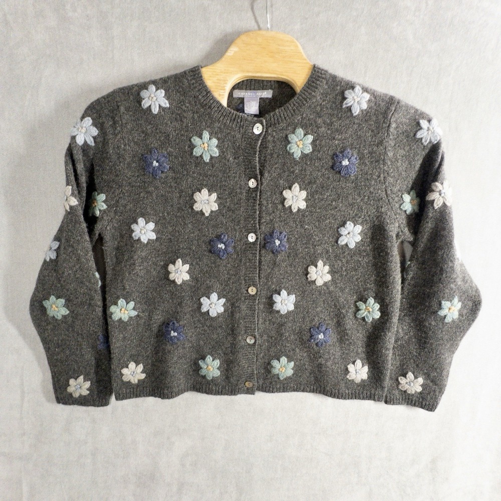 Vtg Carroll Reed Gray Wool Embroidered Cardigan Womens Large Cottage Floral Boho